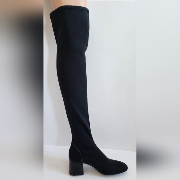 ZARA BOOT BLACK FABRIC OVER THE KNEE BOOTS BLOCK HEEL PATENT 38 - Picture 8 of 13